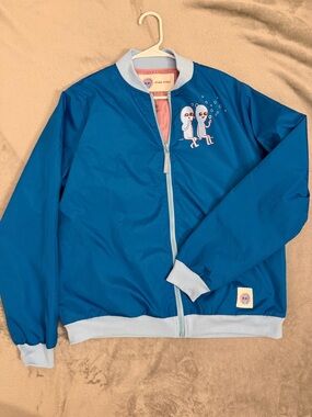 Lightweight Blue Bomber Jacket with Playful Chest Graphic